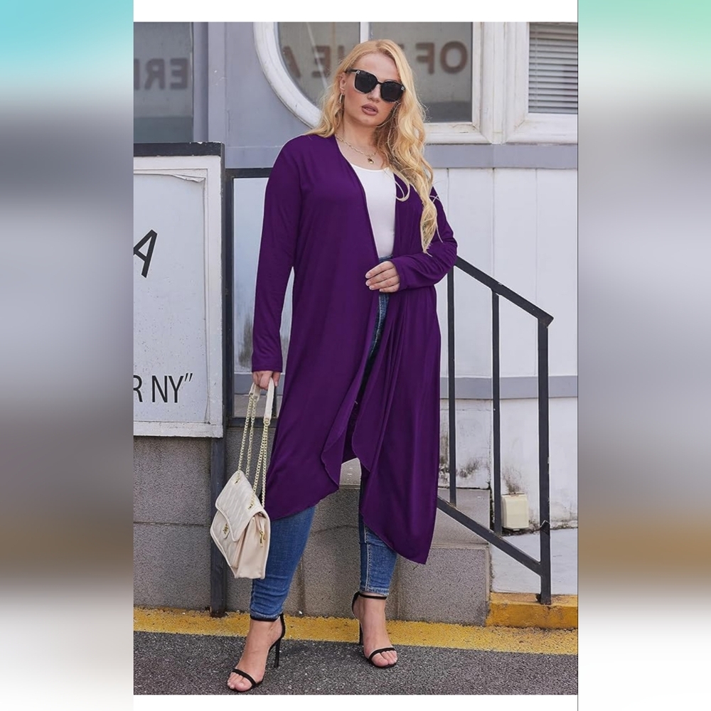 Women's plus size cardigan, long-sleeve open front, lightweight long duster